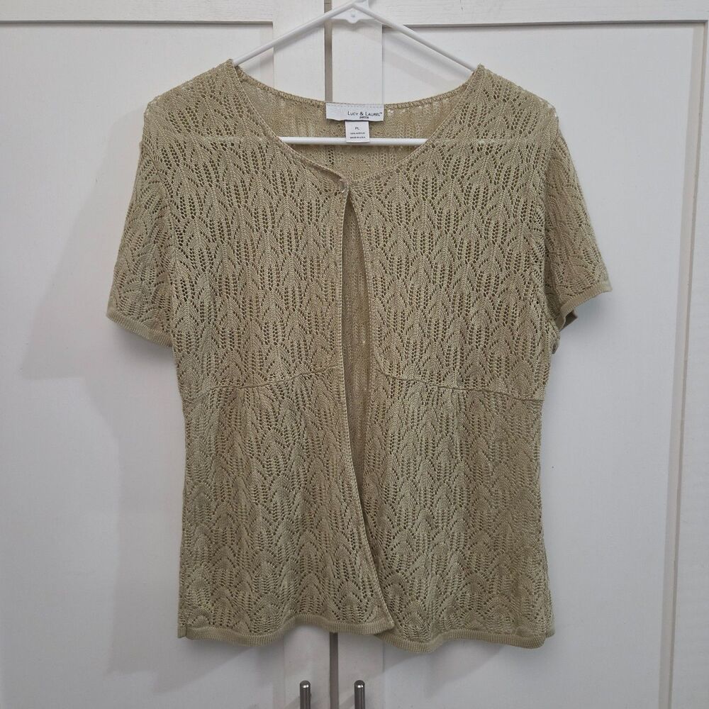Lucy & Laurel Beige Open Knit Crochet Cardigan Petite Large Boho Cottage Granola
